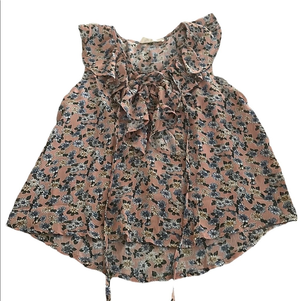 Sweet Wanderer Shirt Dusty Rose Floral Flowy Ruffled Tie Front Blouse Top Medium